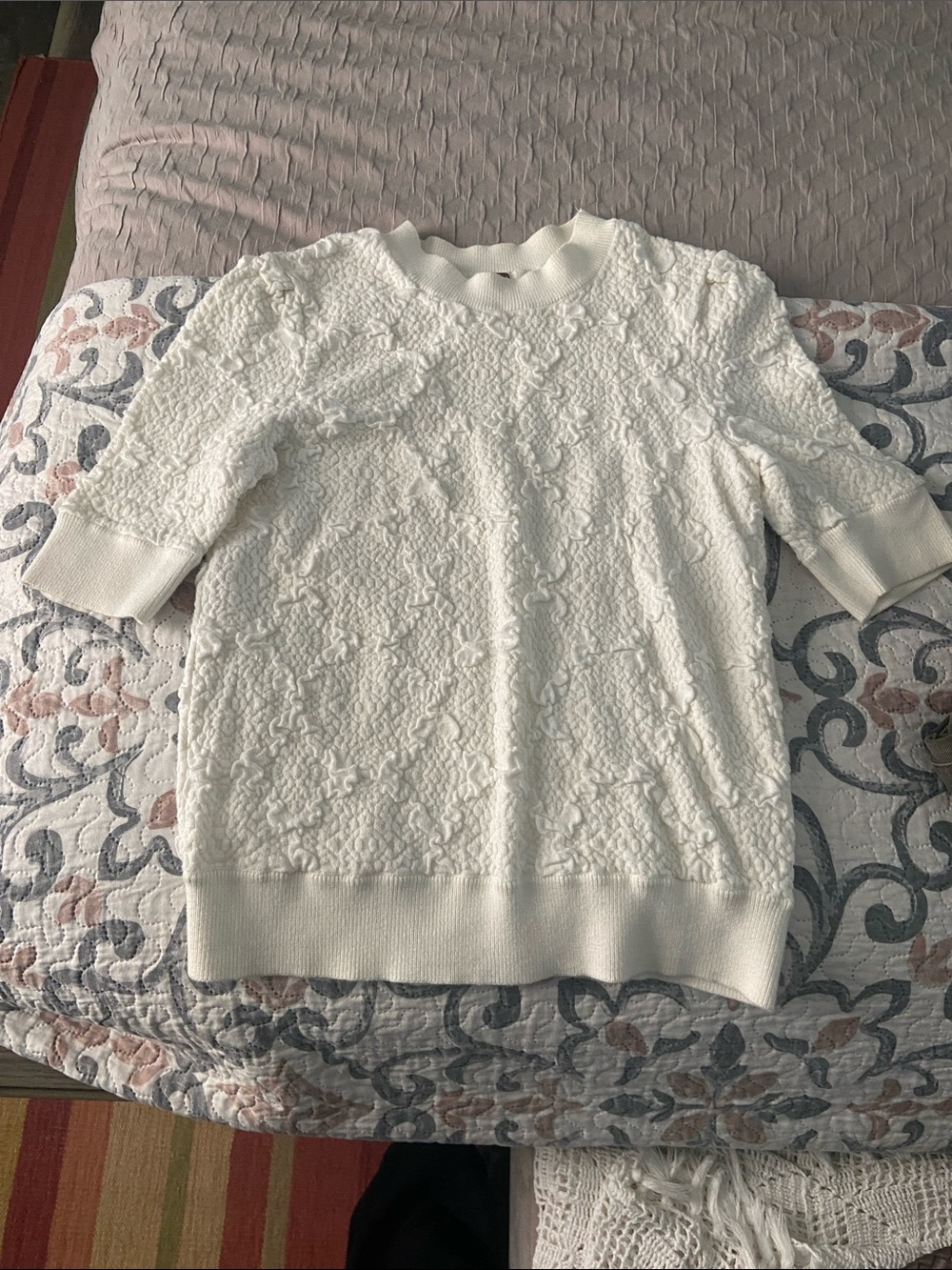 Free People Off White Textured Short Sleeve Crew Sweater